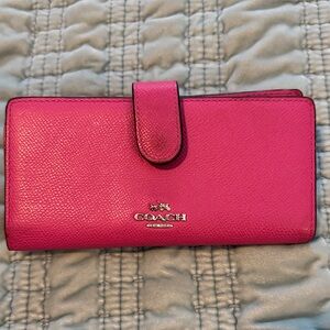 Coach Dark Leather Pink Slim Double Fold Wallet Card Carrier Purse Bag